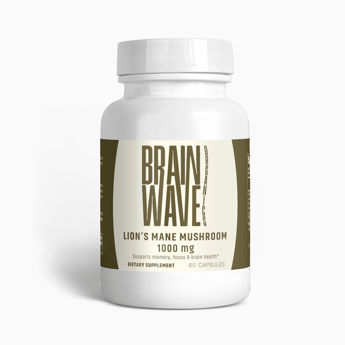 Brainwave Organics Lion's Mane Mushroom Supplement Bottle - 1000 mg - Supports memory, focus, and brain health. White plastic container with modern branding in earthy tones, featuring 60 capsules per bottle.