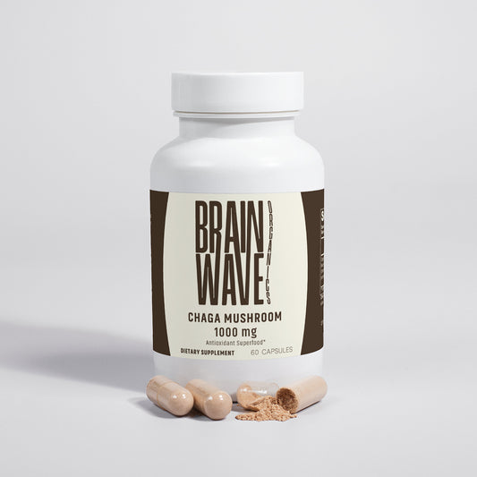 Brainwave Organics Chaga Mushroom Supplement Bottle - 1000 mg - Supports immune health, antioxidant protection, and overall wellness. White plastic container with modern branding in earthy tones, featuring 60 capsules per bottle. Capsules displayed outside with powdered contents visible.