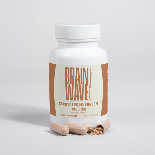 Brainwave Organics Cordyceps Mushroom Supplement Bottle - 1000 mg - Supports energy, endurance, and immune health. White plastic container with modern branding in earthy tones, featuring 60 capsules per bottle. Capsules displayed outside with powdered contents visible.