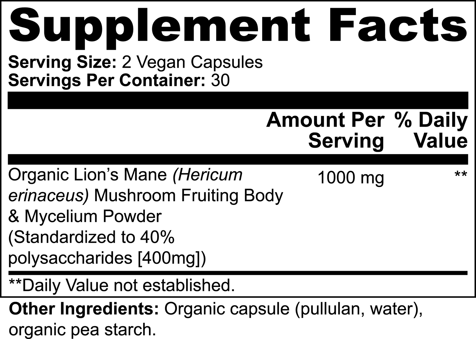 Supplement Facts label for Brainwave Organics Lion's Mane Mushroom Supplement. Detailed nutritional information including serving size, ingredients, and dosage per capsule, supporting memory, focus, and brain health.