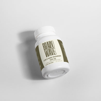 Brainwave Organics Lion's Mane Mushroom Supplement Bottle - 1000 mg - Supports memory, focus, and brain health. White plastic container with modern branding in earthy tones, featuring 60 capsules per bottle.