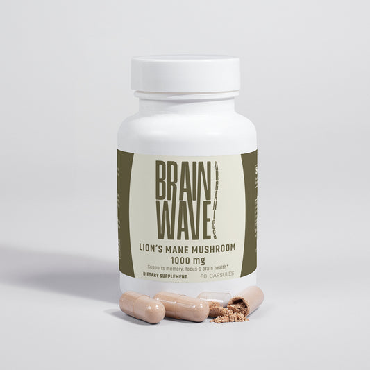 Brainwave Organics Lion's Mane Mushroom Supplement Bottle - 1000 mg - Supports memory, focus, and brain health. White plastic container with modern branding in earthy tones, featuring 60 capsules per bottle. Capsules displayed outside with powdered contents visible.