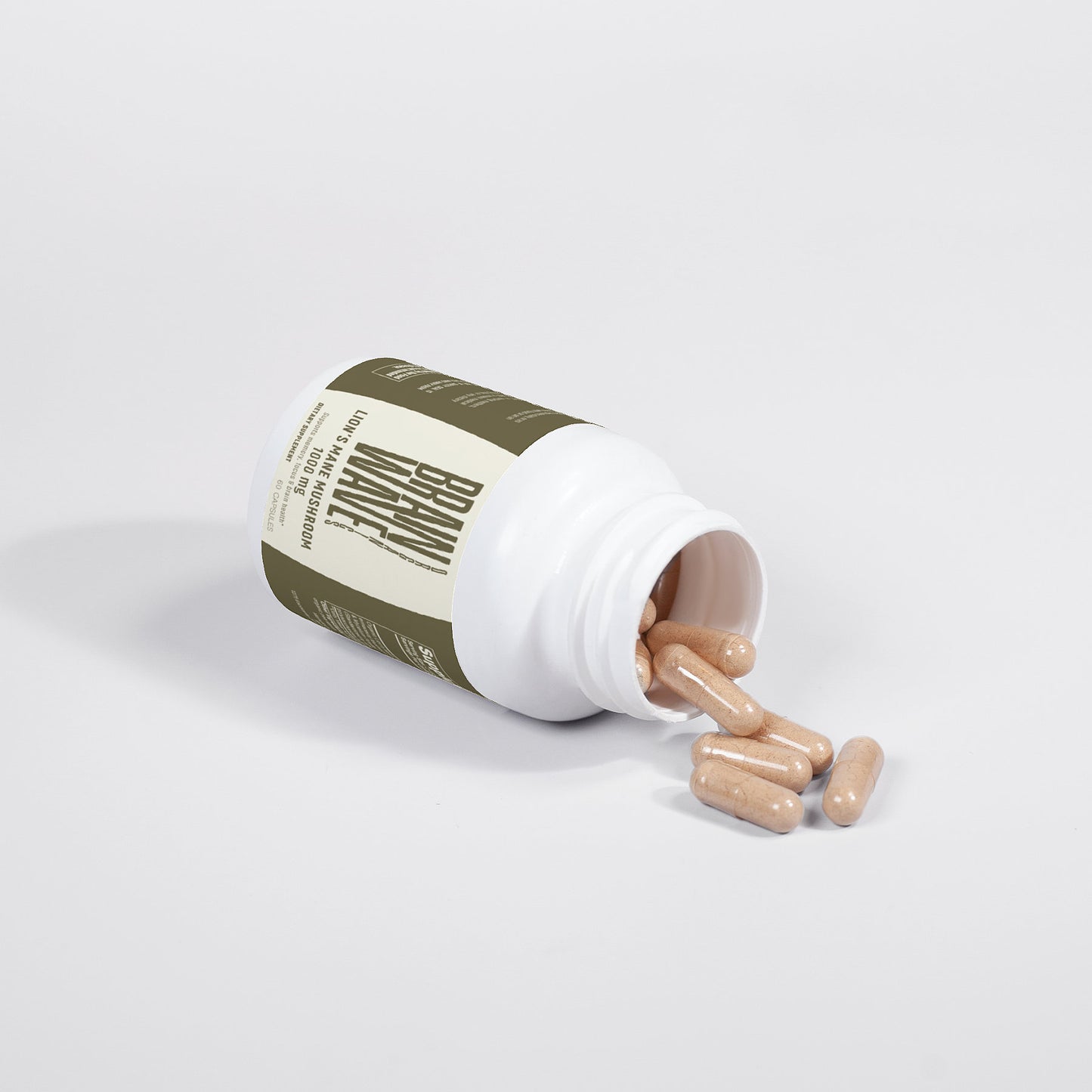 Brainwave Organics Lion's Mane Mushroom Supplement Bottle - 1000 mg - Supports memory, focus, and brain health. White plastic container with modern branding in earthy tones, featuring 60 capsules per bottle. Capsules displayed outside with powdered contents visible.